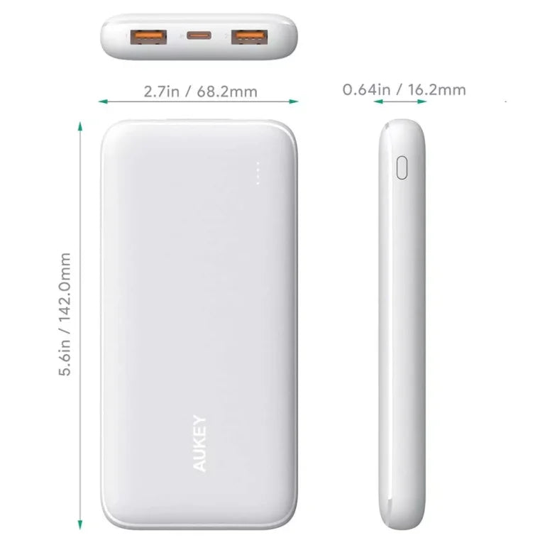 Aukey Power Bank, Usb C In&out Slimmest 20000mah Portable Charger, Triple 3a High-speed Charge External Battery Pack